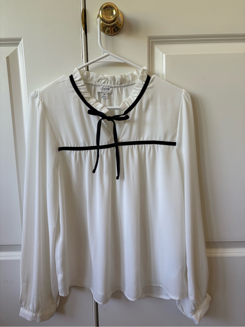 J. Crew White Ruffle Tie-Neck Blouse with Black Trim